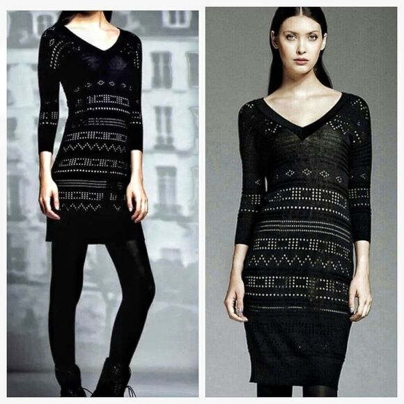 Catherine Malandrino Laser Cut Black Dress Neutral Slip Lining Large - Picture 1 of 13